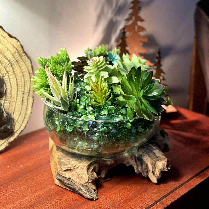 Molten Glass Bowl on Driftwood 10" Hand Blown Decorative Centerpiece Planter image number 9