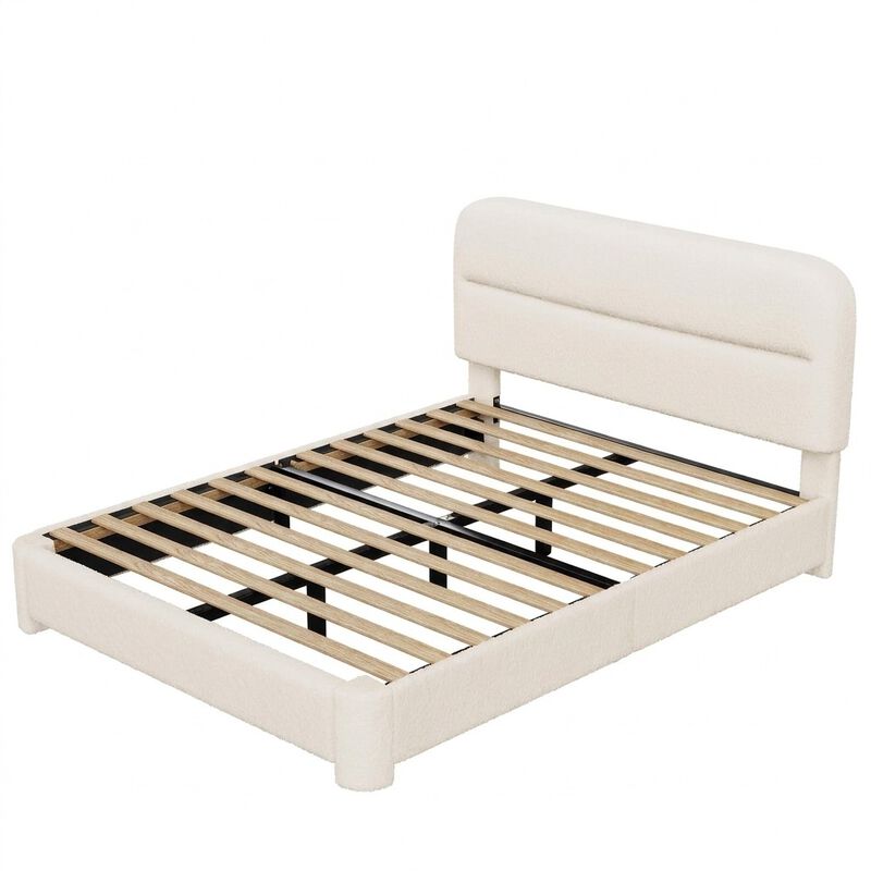Vipbear Upholstered Boucle Platform Bed Frame with Adjustable Wide Headboard, Wooden Slats, Beige image number 0