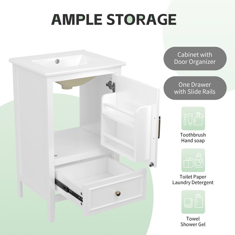 20" Bathroom Vanity with Sink, Bathroom Cabinet with A Door, Door Shelf Storage and Adiustable Foot Pads, A Drawer
