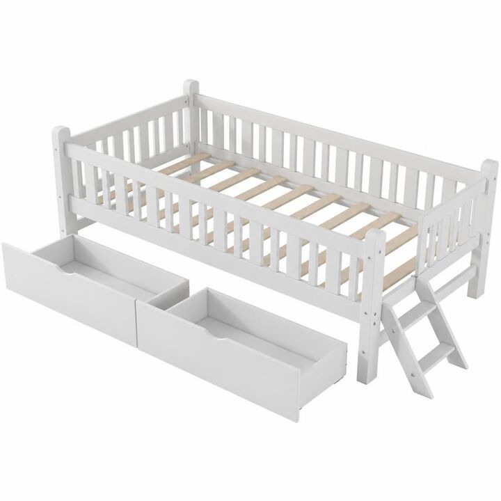 GOODSILO Wood Twin Size Platform Storage Bed With Built-In Safety Guardrail And Two Drawers Ideal For Small Kids Bedrooms