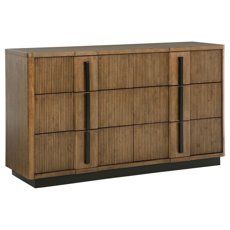 Reon Wide Dresser, 6 Drawers, Decorative Reeded Ash Brown Black Wood - Benzara