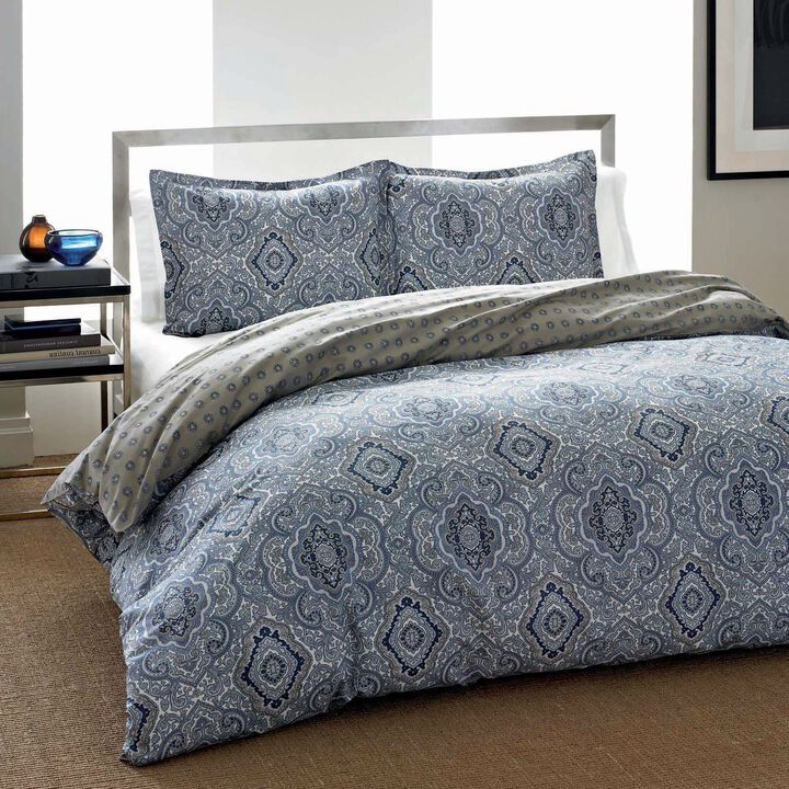 Hivvago King 3-Piece Cotton Comforter Set with Blue Grey Damask Pattern