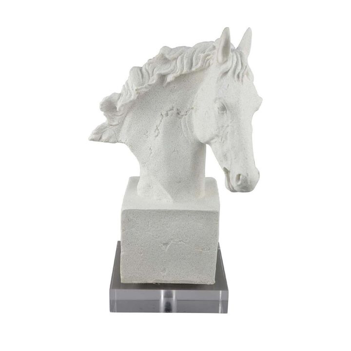 Horse Head Decor, White Resin Frame, Gray Acrylic Base 13 Inch
