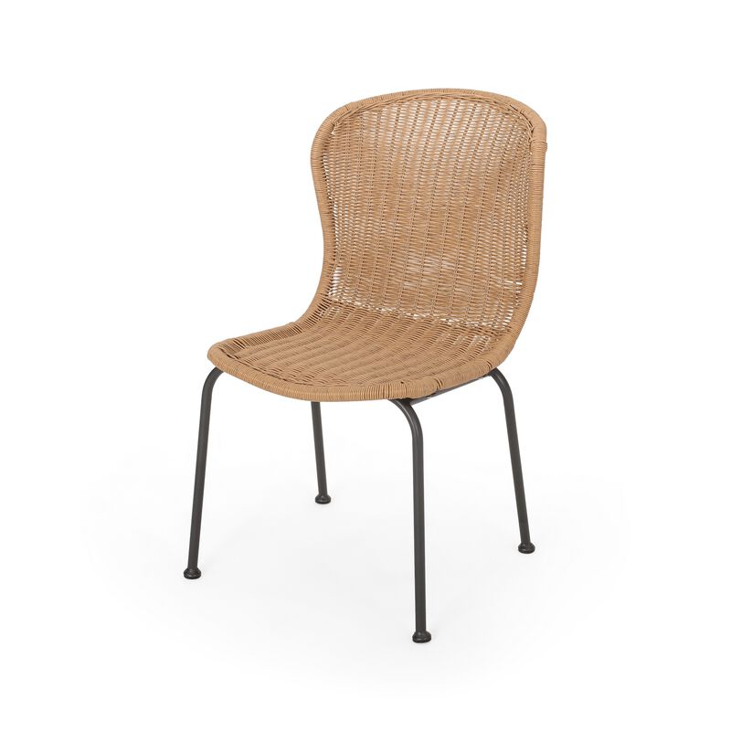 Outdoor Patio Chair Set of 2, Rattan Light Brown Wicker Weave, Scrolled - Benzara