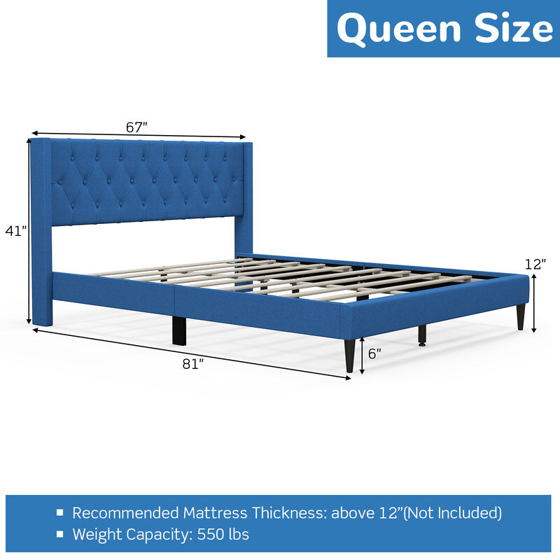 Queen Size Upholstered Platform Bed with Button Tufted Wingback Headboard