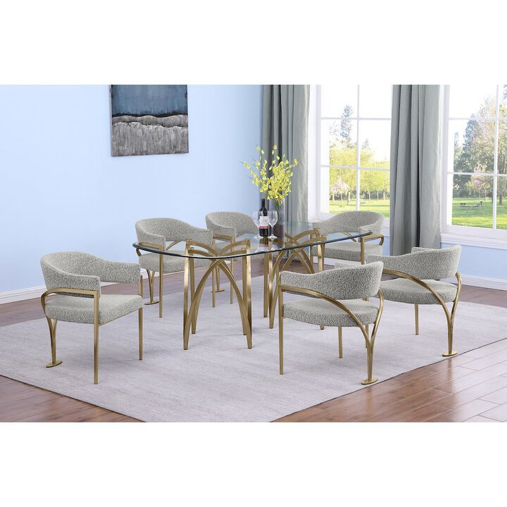 Best Quality Furniture 7Pc Tempered Glass Dining Table Set With 6 Rich Gray With Matte Gold Side Chairs