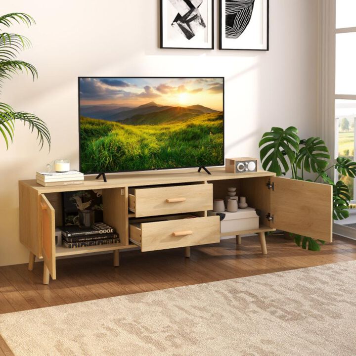 Hivvago Rattan TV Stand for 65-Inch TV with Drawers and Solid Wood Legs-Natural