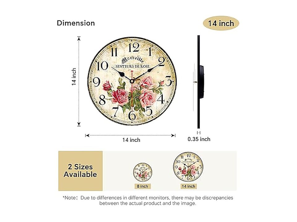 Clock 14 Inch Silent Non Ticking Quartz Movement Wood Wall Round Battery Indoor