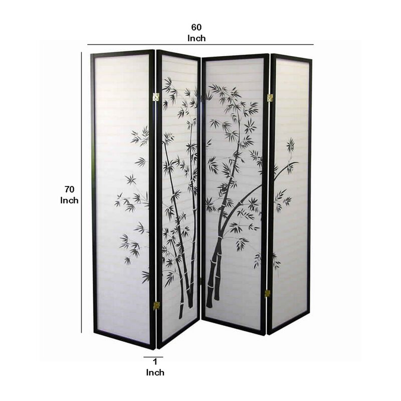 Wood and Paper 4 Panel Room Divider with Bamboo Print, White and Black-Benzara