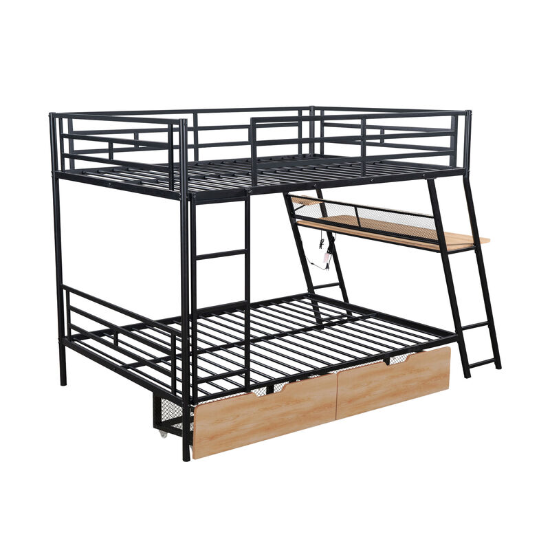 Whisen Full Size Metal Bunk Bed with Built-in Desk and Light and 2 Drawers - Black