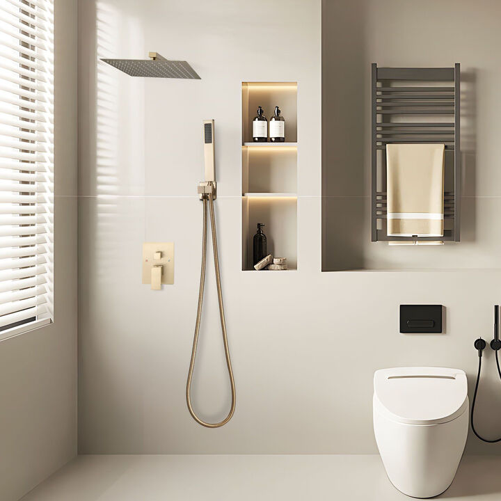 12 Inch Square Rain Shower System Brushed Gold with Handheld Spray