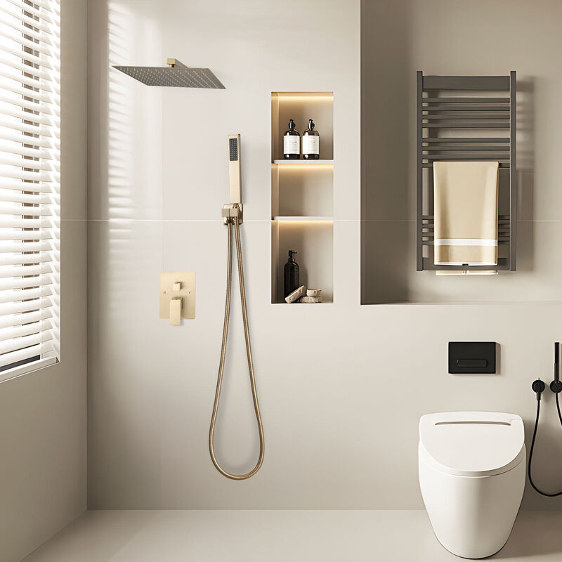 12 Inch Square Rain Shower System Brushed Gold with Handheld Spray image number 1