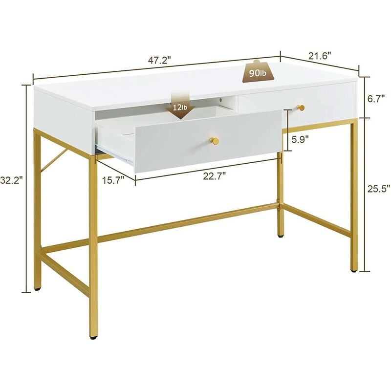 ShipItFurniture White and Gold Vanity Desk with 2 Drawers image number 6