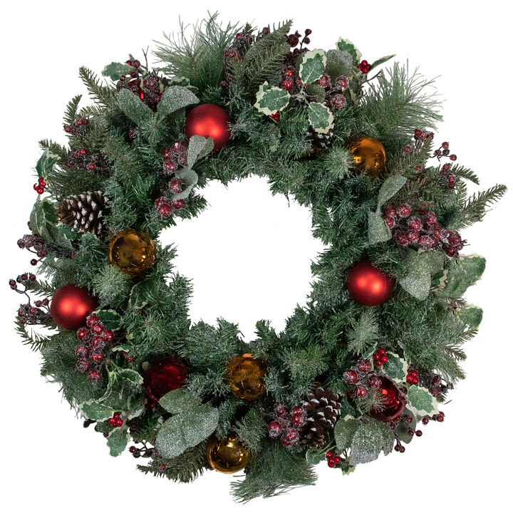 Frosted Long Needle Pine and Ornaments Artificial Christmas Wreath  32-Inch