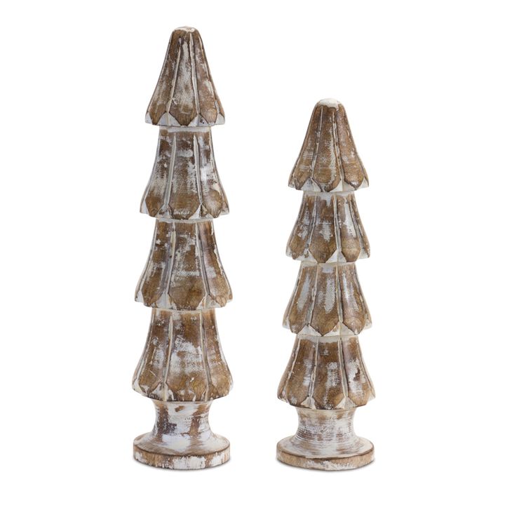 Set of 2 Washed Wood Pine Trees for Rustic Holiday Tabletop or Shelf Display