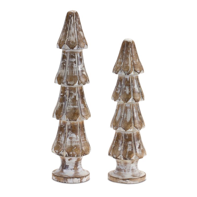 Set of 2 Washed Wood Pine Trees for Rustic Holiday Tabletop or Shelf Display