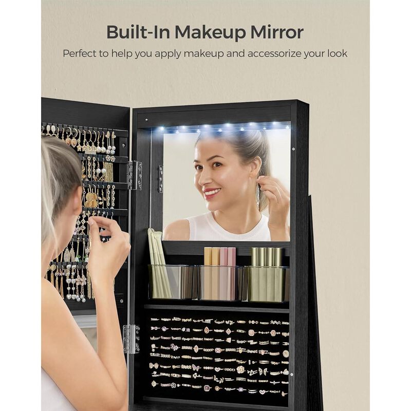 Wood Jewelry Cabinet Armoire Organizer Freestanding Rotating Mirror For Bedroom