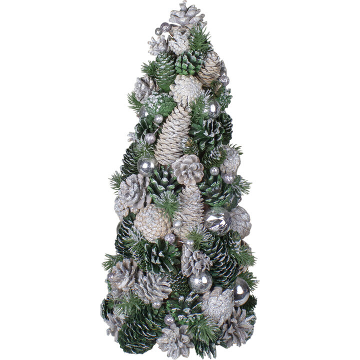 18" Green and Silver Pinecone With Ornaments Table Top Cone Christmas Tree Embellished in Glitter