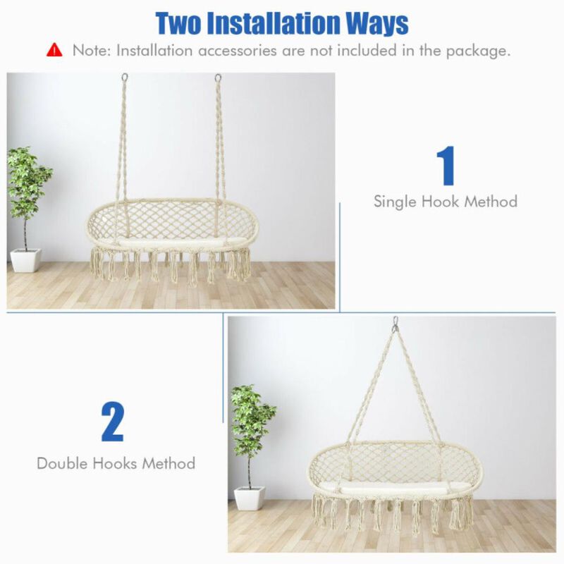 Hivvago 2 Person Hanging Hammock Chair Macrame Swing with Zippered Cushion