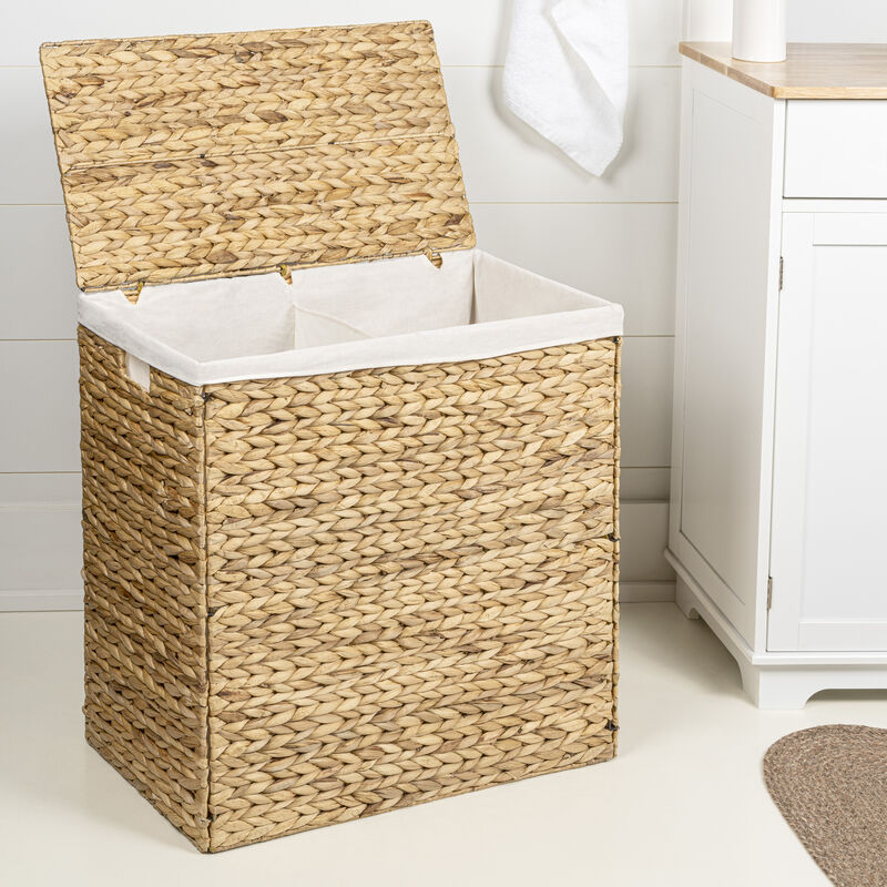 Sawyer Classic Farmhouse Handwoven Hyacinth 2-Section Collapsible Laundry Hamper with Washable Liner