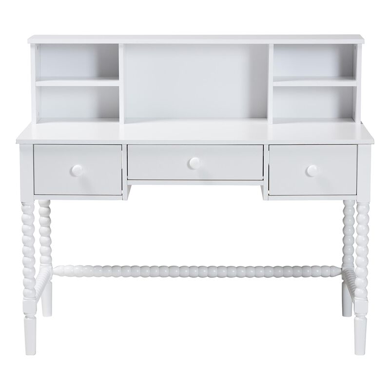 Baxton Studio Archwood Writing Desk with Hutch - 3-Drawer Wood Desk with Bobbin Design for Home Office or Bedroom Workspace, White image number 3