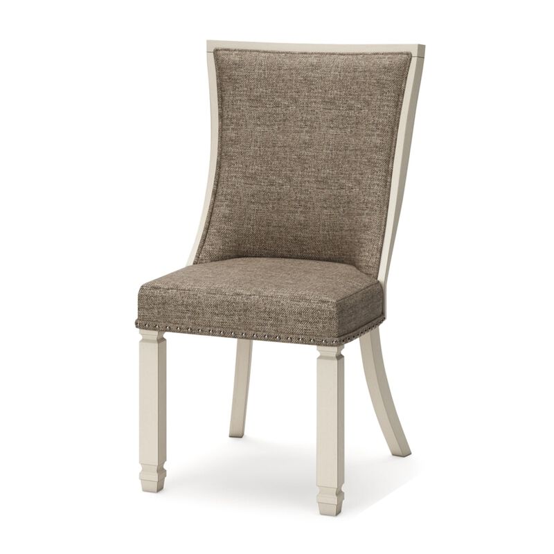 Bolan Dining Side Chair Set of 2, Lattice Back, Polyester, White Wood - Benzara