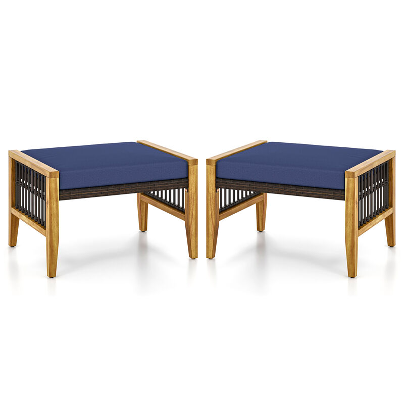 Patio Acacia Wood Ottomans with Cushions and Versatile Rattan Woven Footstools-Navy