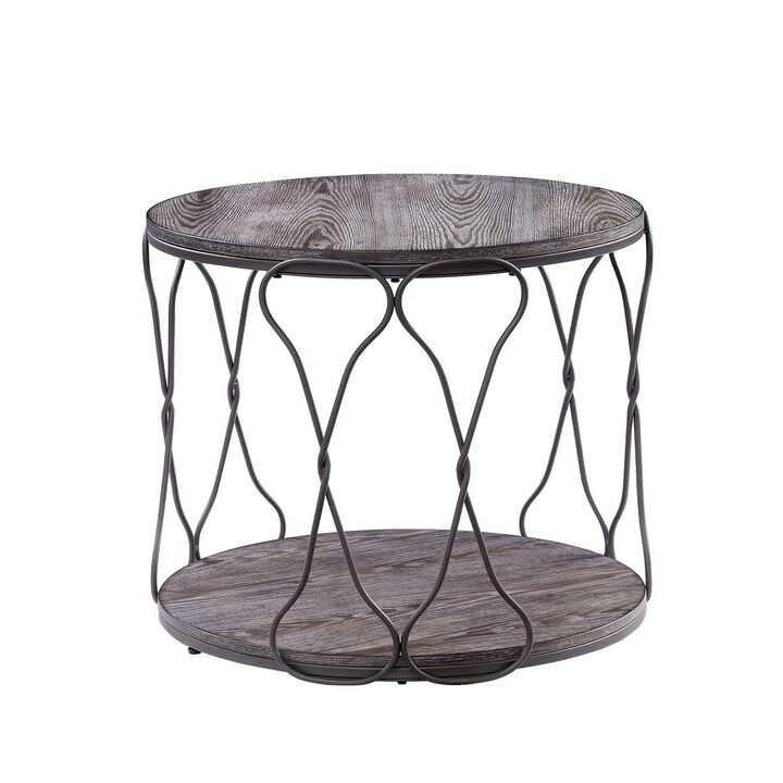 Round Industrial Style Metal and Solid Wood End Table with Open Bottom Shelf, Gray and Brown-Benzara