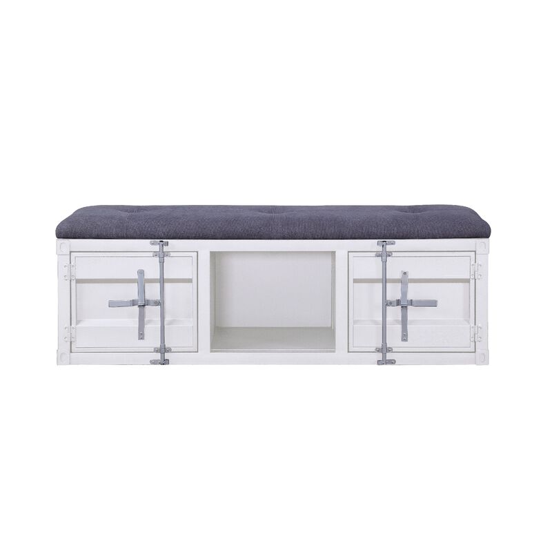 Metal Bench with Open Storage and Tufted Fabric Seat, White and Gray-Benzara