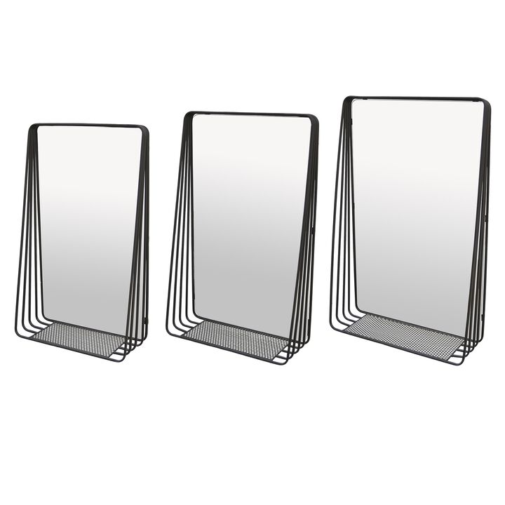 3pc Decorative Wall Mirror with Shelf Set, Black Metal Rectangular - Benzara