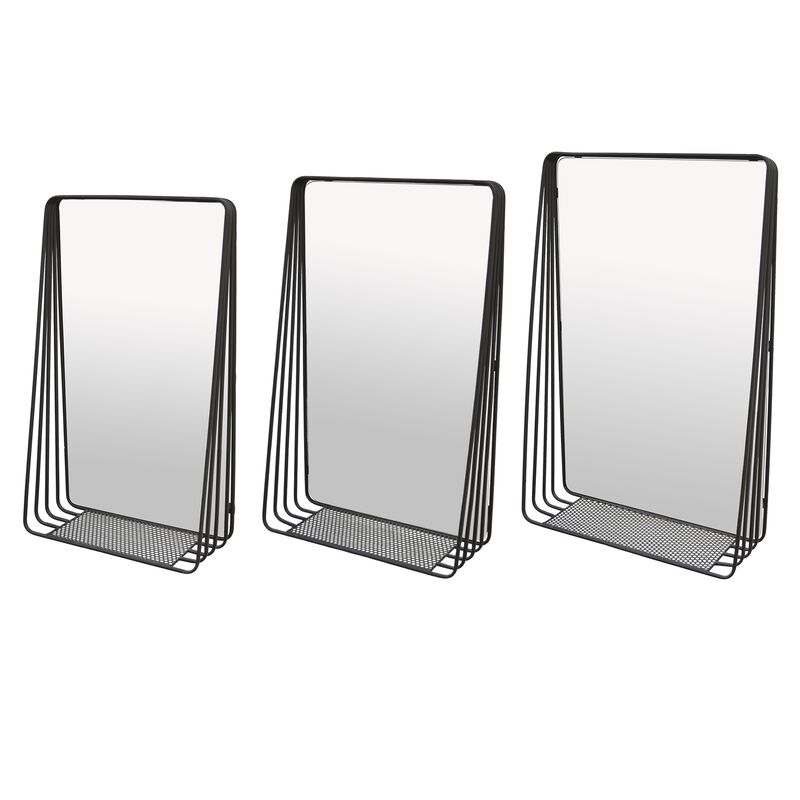 3pc Decorative Wall Mirror with Shelf Set, Black Metal Rectangular - Benzara