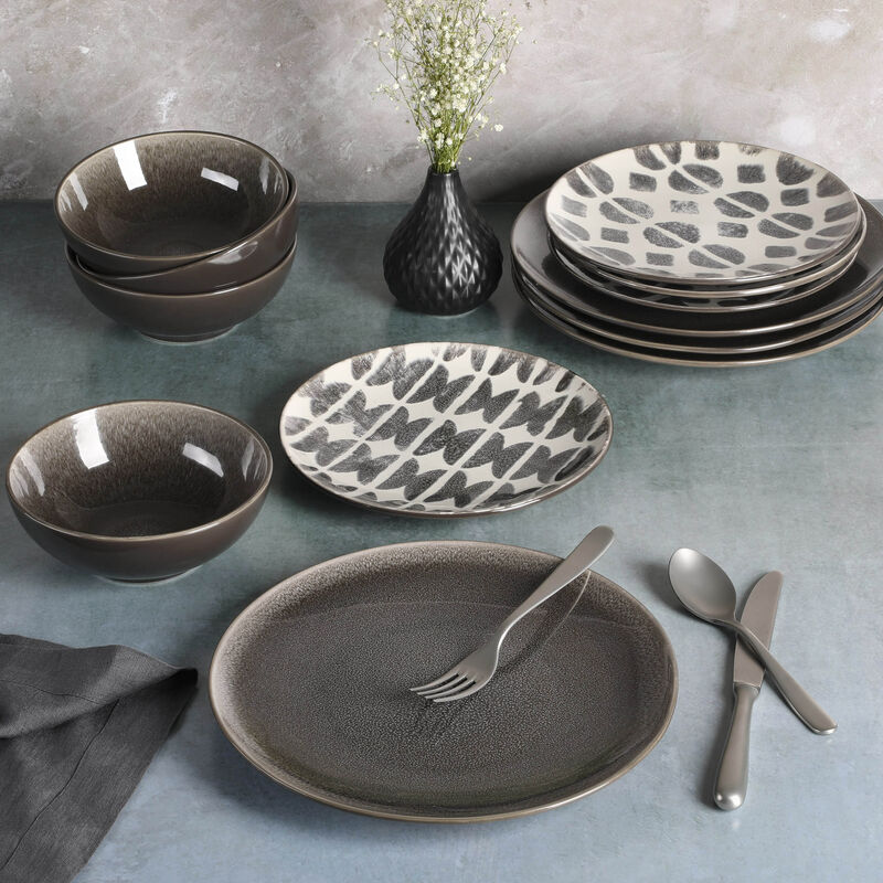 Spice by Tia Mowry Truffle Pepper 12 Piece Stoneware Dinnerware Set in Black and White