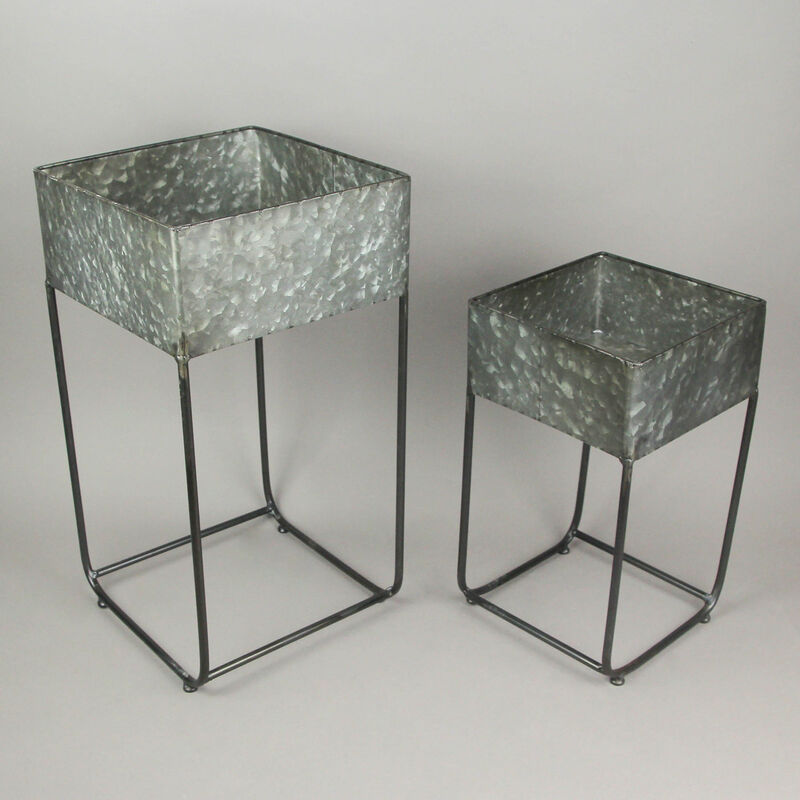 Set of 2 Galvanized Zinc Finish Square Metal Planters On Stands image number 3