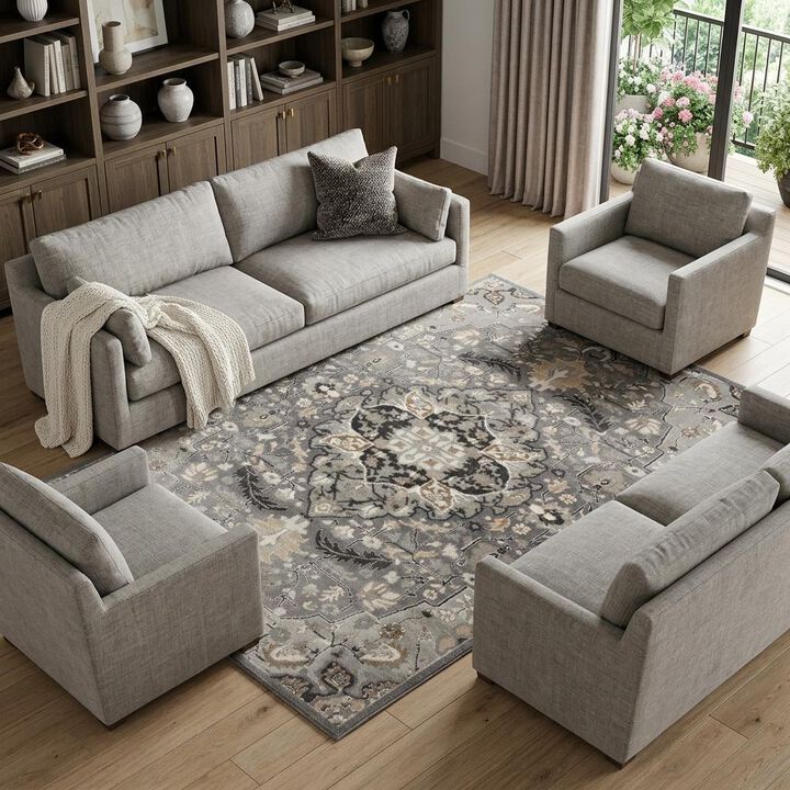 HomeRoots Floral Medallion Non Skid Area Rug