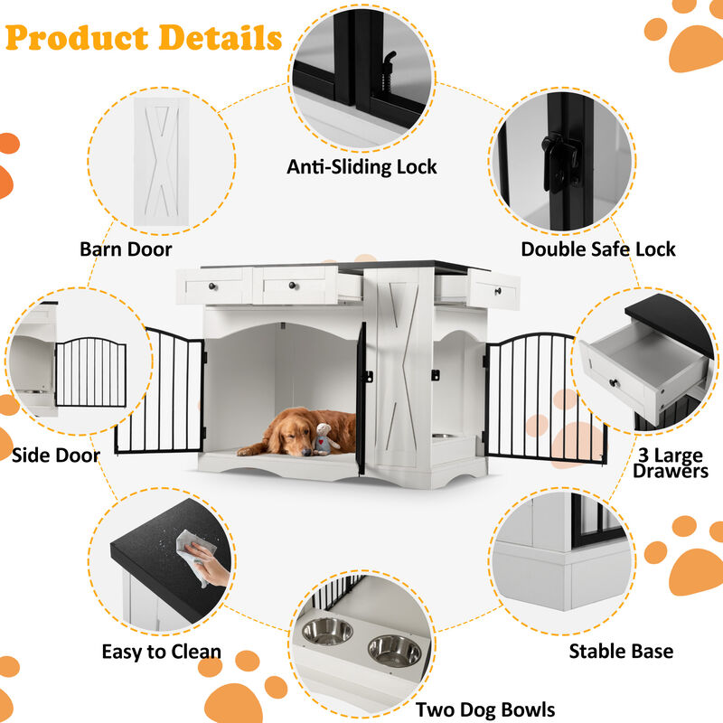 Whisen 43.3" Indoor Wooden Cabinets, Dog Kennel with 3 Drawers and Removable Feeder image number 7