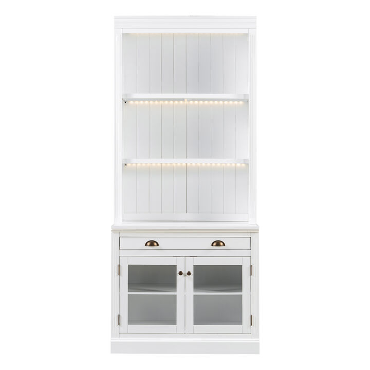 Whisen 83.4" Bookcase with LED Lighting, 2 Glass Doors & 1 Drawer, Solid Wood & MDF Storage Bookcase for Home Office