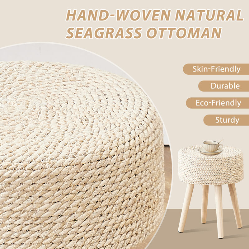 Round Seagrass Ottoman Footstool with Solid Wood Legs, Handwoven Hyacinth Pouf