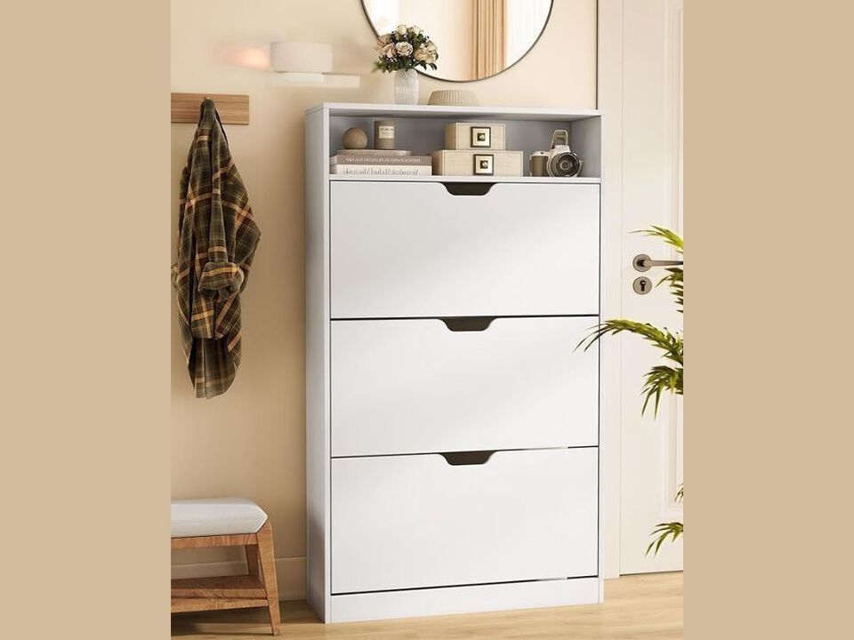 Shoe Storage Cabinet Flip Drawer Adjustable Shelves White Vasagle