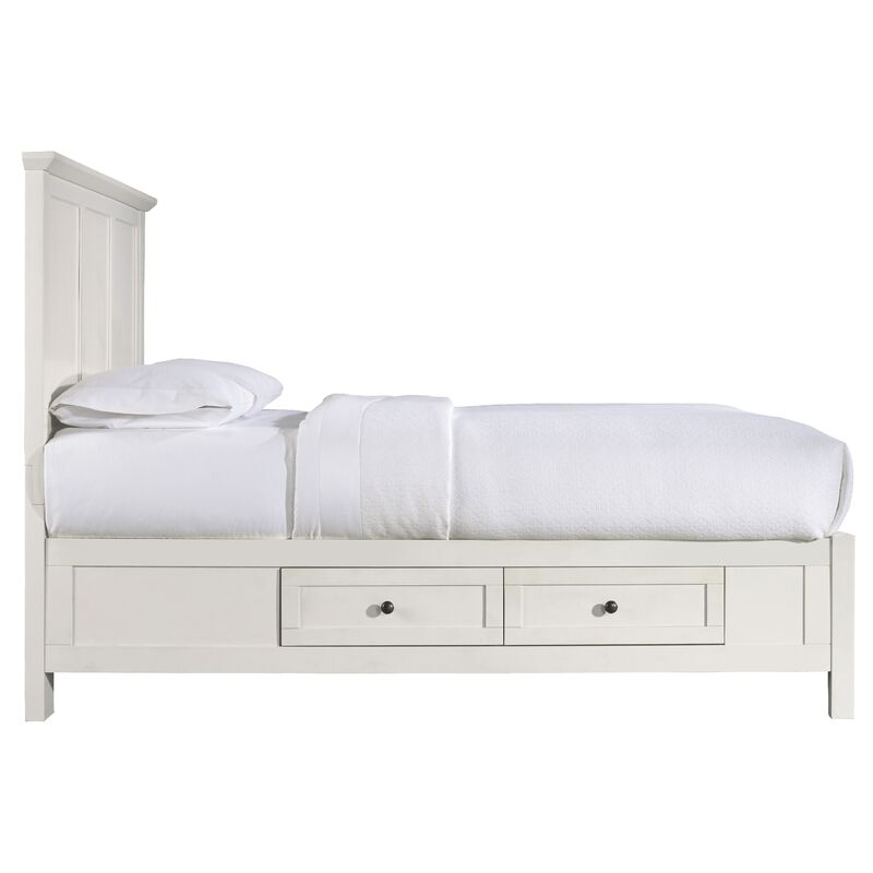 Neo Solid Mahogany Wood Panel Queen Bed, Storage, Beveled Trim Top, White