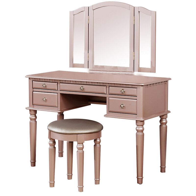 Vanity Set with Turned Tapered Legs and Three Piece Mirror, Rose Gold-Benzara image number 1