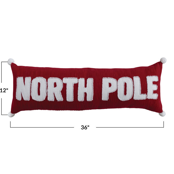 Woven Lumbar Pillow with Appliqued "North Pole" and Pom Poms, Red and White