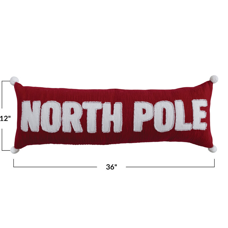 Woven Lumbar Pillow with Appliqued "North Pole" and Pom Poms, Red and White image number 1
