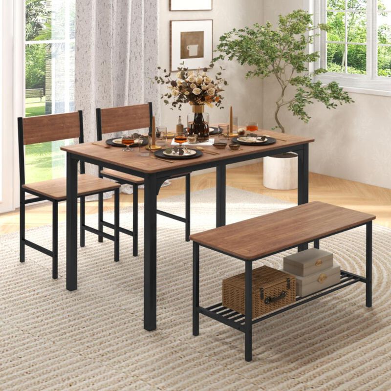 Hivvago 4 Pieces Rustic Dining Table Set with 2 Chairs and Bench