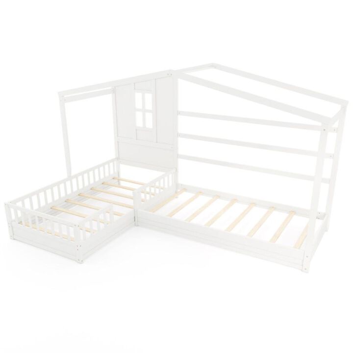 Hivvago L-shaped Double Twin Beds House Platform Beds with Fences Corner Bed Frame