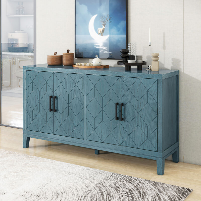 4door Retro Sideboard with Adjustable Shelves, Two Large Cabinet with Long Handle, for Living Room and Dining Room (Navy)