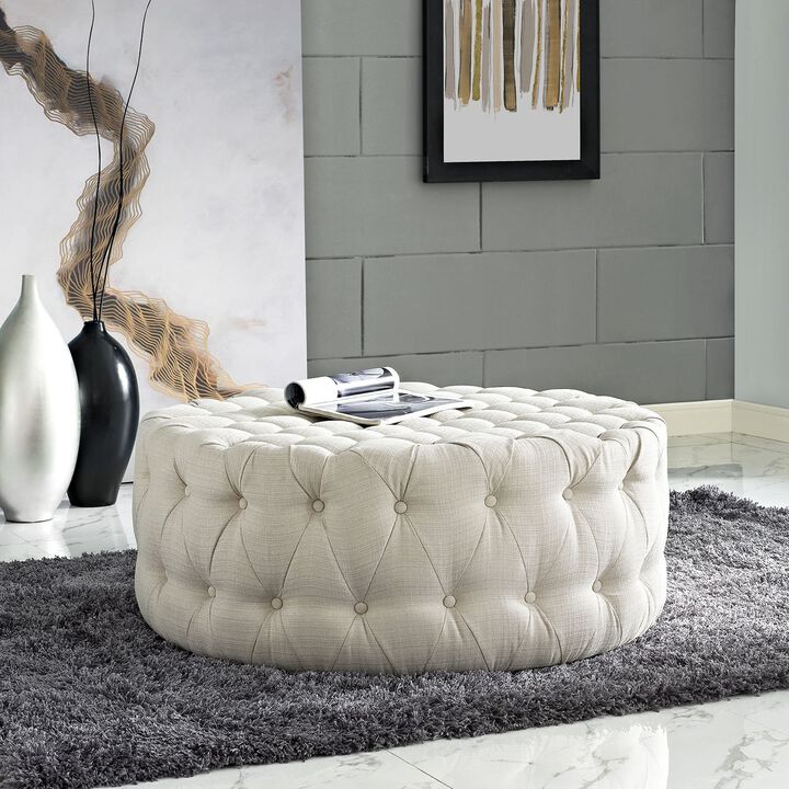 ModwayEEI-2225-BEIAmourFabric Upholstered Button-Tufted RoundOttomanBeige
