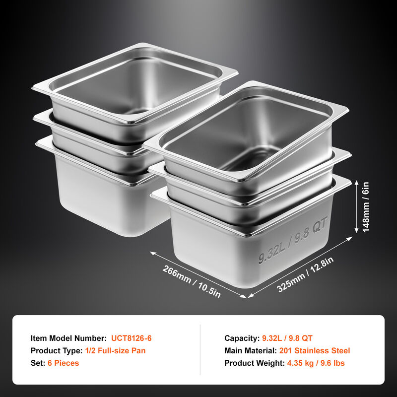 VEVOR 6 Pack 1/2 Size Hotel Pans Steam Table Pan Stainless Steel 6" Deep