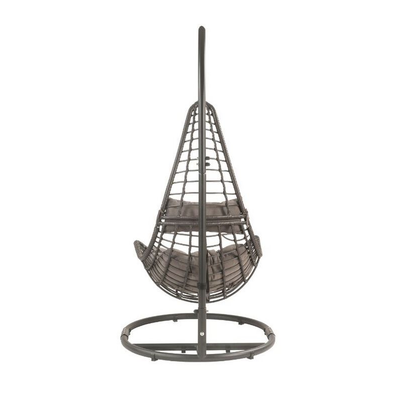 Patio Hanging Chair with Tear Drop Shape and Thick Cushions, Gray - Benzara