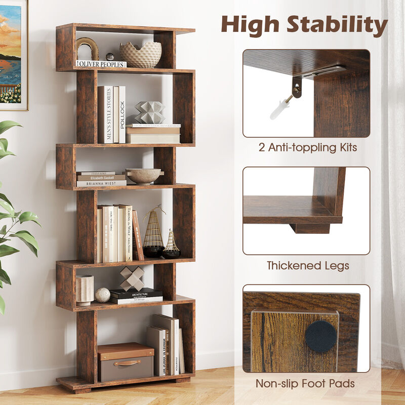 Vertical 6-Tier Bookshelf with Anti-Tipping Kits &ndash; Geometric Storage for Office