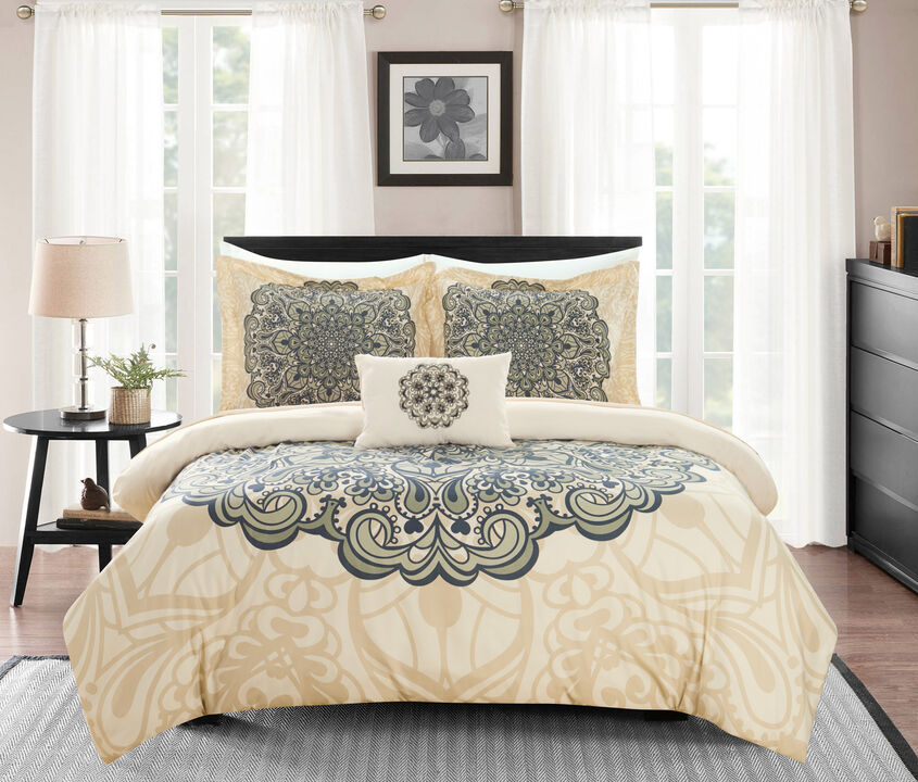 Chic Home Mindy 4 Piece Reversible Duvet Cover Set Large Scale Boho Inspired Medallion Paisley Print Design Bedding Queen Beige